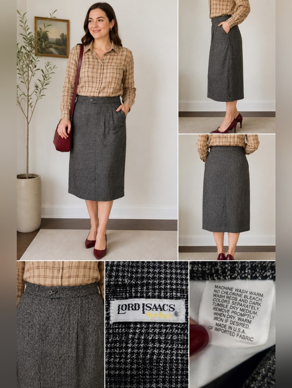 Lord Isaacs Black White Plaid Wool Blend Midi Pencil Skirt Size S - Picture 2 of 10